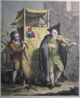 I Burattini. Hand coloured engraving of Pulchinella performance and musician - Francesco Magiotto 1780 Italy Engraving