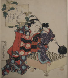 Actor Mizuki Tatsunosuke manipulating puppet on a Go board. - Hokosai (1760-1849)