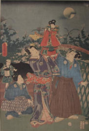 2 puppeteers with small puppet. - Toyokuni III (1786-1864) 1857.