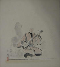 Bunraku watercolour. Figure sitting with Semisen - Sairyoku 19th Century