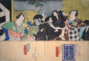 Bunraku Diptych woodblock print. Two male puppets fighting - Kunisada II (1823-1880)