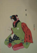 Bunraku Play design folio. 2 of 4 prints (3 puppets Osomi, Hisamitsu and Hisaku, Omitsu and 1 scene) - Kunobu (1848-1941)
