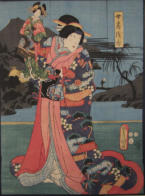 Kabuki Onagata actor, Asaka with puppet - Toyokuni III (1786-1864) 1853