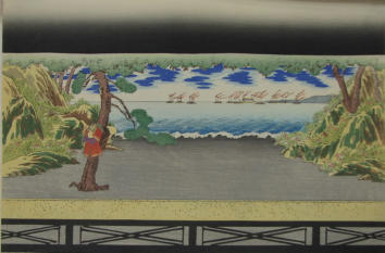 Bunraku Play design folio. 4 of 4 prints (3 puppets and 1 scene) - Kunobu (1848-1941)