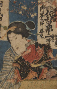 Small woodblock print from book. Female with puppet - 19th Century