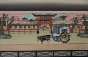 Bunraku scenery, cow with cart - Kunobu (1848-1941)