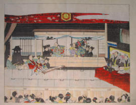 Ningyo Joruri woodblock print. Osaka Theatre. From the play Akoya - 19th Century