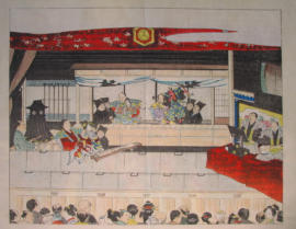 Ningyo Joruri woodblock print. Osaka Theatre. From the play Akoya - 19th Century