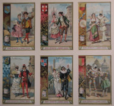 6 mounted Commedia dell' Arte Fray Bentos advertising cards. Signed J. V. Liebig on the back of each card - 19th Century Italy Advertisement