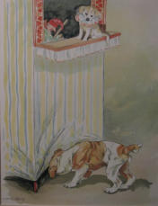 Punch and Toby in booth with another dog - G. Vernon Stokes 1930s-40s UK Book page 