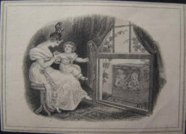 Mother and Child watching Punch and Judy through a window - John Burnett 1868 UK Engraving