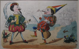 Punch and Prince Bruno from book 'Punch's Merry Pranks' - B. P. 1870 UK Hand coloured book page