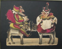 Original hand coloured cut out. Punch and Judy on donkeys - Early 19th century UK Cut out