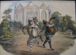 Punch and Judy dancing in a garden - 19th Century UK hand coloured print