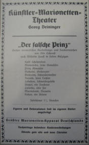 Kunstler Marionneten Theater ' George Deininger' - George Deininger 19th Century Germany Playbill
