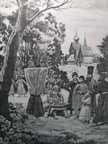 Traditional Russian puppet booth. From a 19th Century engraving - 20th Century Russia photocopy
