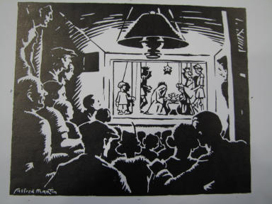 Nativity Play. Antwerp. Cellar matrionette theatre - Alfed Martin 20th Century Belgium woodblock print