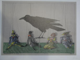 The Marionetten and the Raven - Paul Flora 1999 Switzerland Coloured print