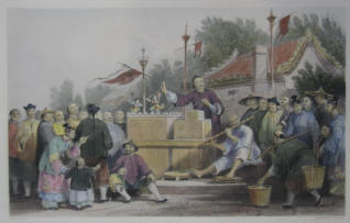 Raree Show at Li-Sin-Choo - Thomas Allom 1843 UK Coloured print