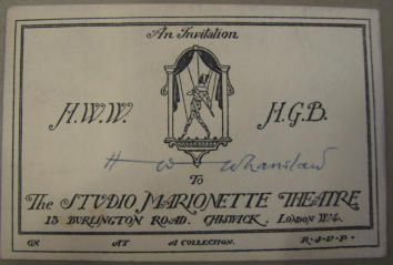 The Studio Marionette Theatre - H. W. Whanslaw 1940 UK invitation