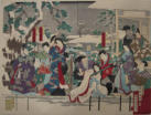 Bunraku Diptych woodblock print. Multiple characters in the snow - Chikanobu (1838-1912)