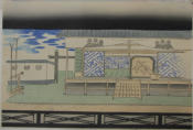 Bunraku Play design folio. 4 of 4 prints (3 puppets and 1 scene) - Kunobu (1848-1941)